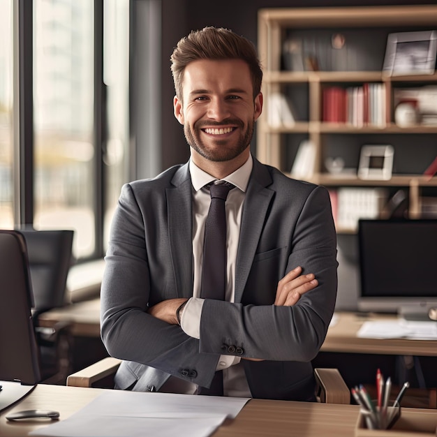 Empresário alegre na mesa sorrindo trabalhando no computador no escritório moderno