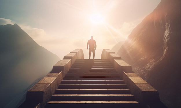 Empresário ambicioso subindo escadas em direção ao sucesso sob o sol brilhante com otimista