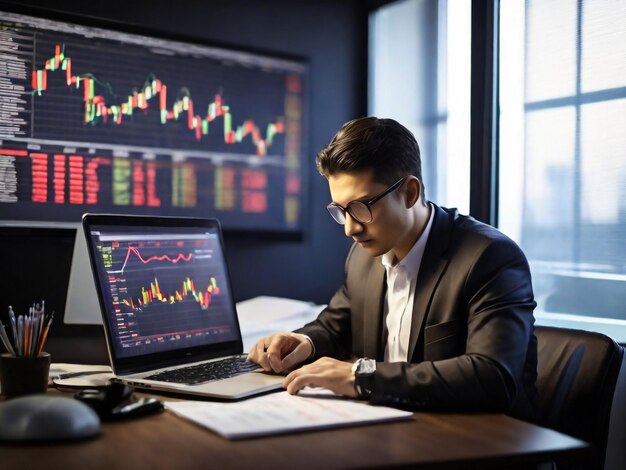 Foto empresário analisa dados de pesquisas do mercado de ações