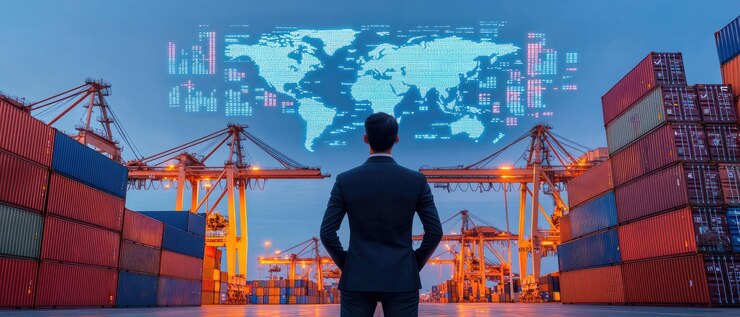 Empresario analizando el comercio mundial en el astillero