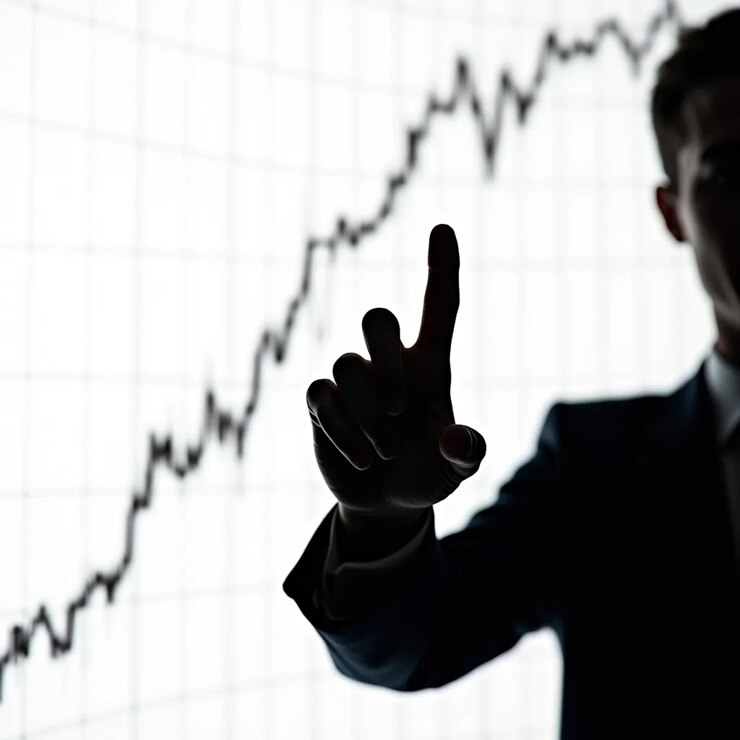 Empresario analizando los datos de la bolsa y señalando el gráfico
