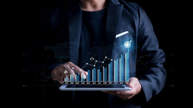 Empresario analizando datos financieros de operaciones de divisas Fondo de finanzas comerciales Tecnología financiera de negocios y concepto de inversión Mercado de valores Inversiones Fondos y activos digitales