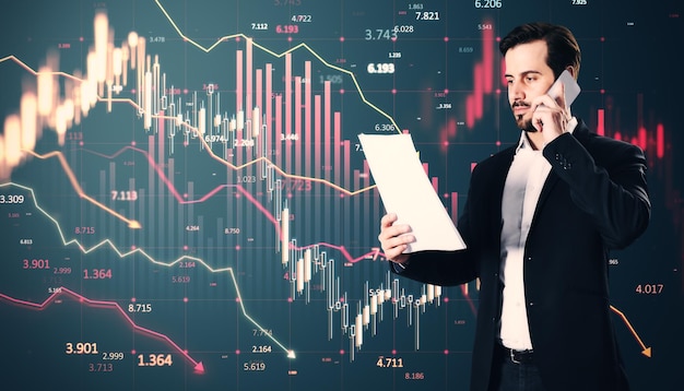 Empresario analizando datos financieros en papel y teléfono contra el gráfico del mercado de valores con tendencias de caída rojas en fondo oscuro