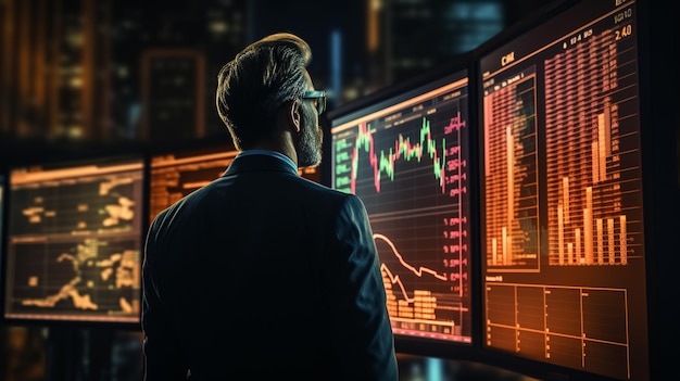Empresario analizando datos del mercado de valores en el monitor de la computadora Concepto de inversión y comercio
