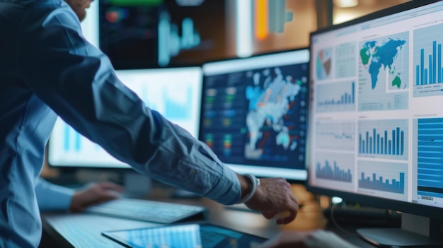 Empresario analizando datos en múltiples pantallas