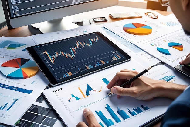 Empresario analizando gráficos financieros y informes del mercado de valores