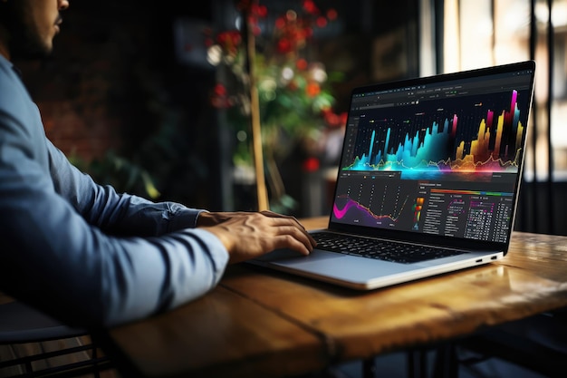 Empresario analizando gráficos de inversión en la computadora portátil Concepto de negocios y finanzas