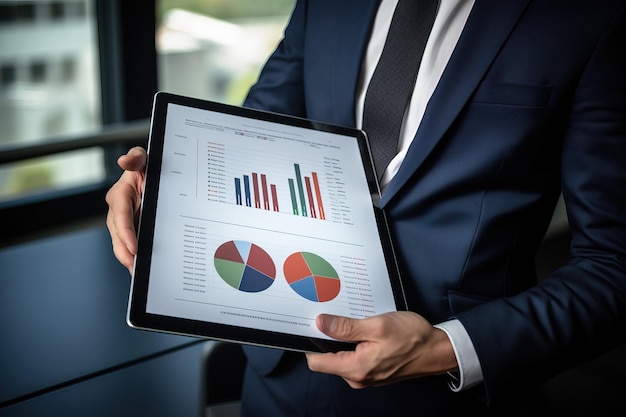 Empresario analizando gráficos de inversión con una tableta Contabilidad y concepto financiero
