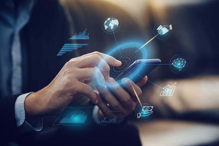 Foto empresario analizando el informe financiero de la empresa con tecnología de gráficos de realidad aumentada digital