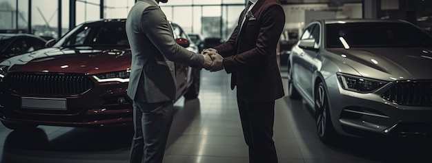 Empresário apertando a mão de um cliente depois de assinar um contrato para comprar um carro em uma concessionária de carros generative ai