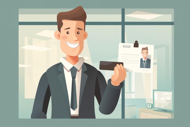 Empresário apresenta cartão de identificação no escritório Empregado do sexo masculino sorridente mostrando o crachá pessoal no local de trabalho Documento de pessoal