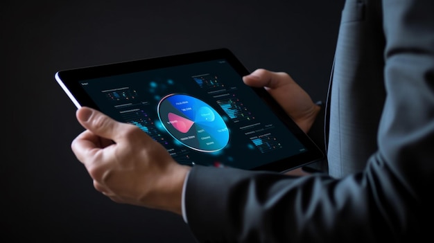 empresário apresentando um gráfico na tela de um tablet no estilo de composição racionalista marcas gestuais emocionais pretas e azuis