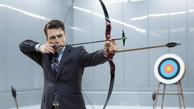 Foto empresario apuntando al objetivo con arco y flecha aislado en el fondo gris del estudio