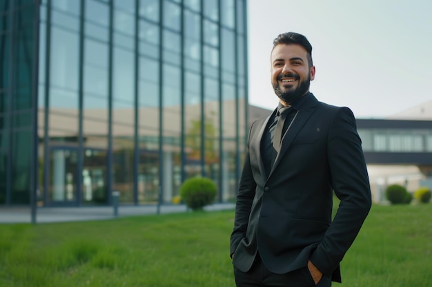 Empresário árabe de fato preto sorrindo em frente ao escritório