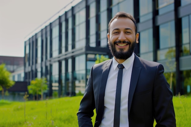 Empresario árabe en traje negro sonriendo frente a la oficina