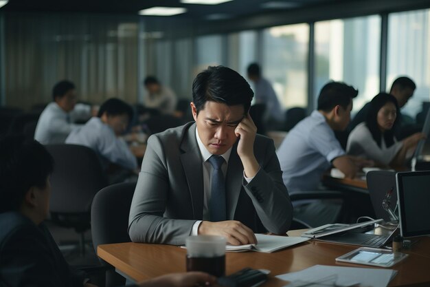 Empresario asiático abrumado luchando en una reunión de sala de conferencias de alta presión