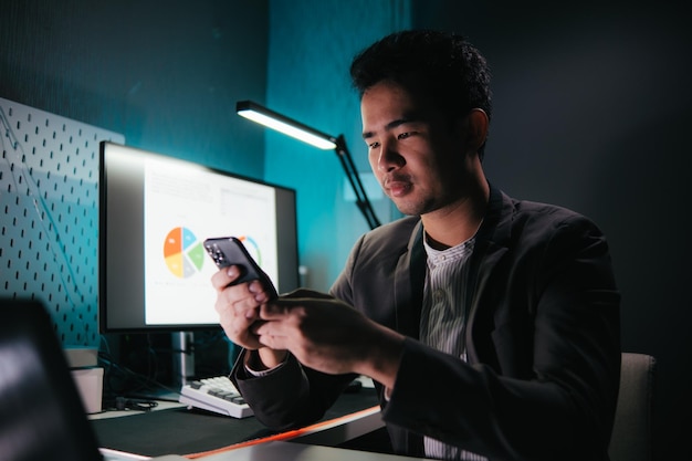 Empresário asiático com smartphone a trabalhar até tarde da noite no escritório