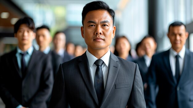 Empresário asiático liderando a equipe com confiança e autoridade