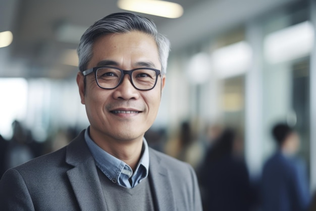 Empresário asiático maduro, rosto sorridente, parado no fundo desfocado do escritório ocupado Generative AI AIG20