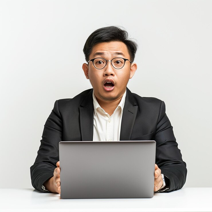 Empresario asiático con traje sorprendido por una computadora portátil