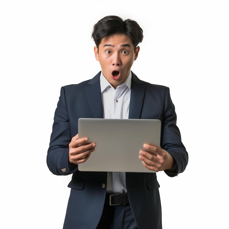 Empresario asiático con traje sorprendido por una computadora portátil