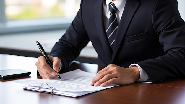 Foto empresário assinando contrato no escritório closeup de mãos e caneta