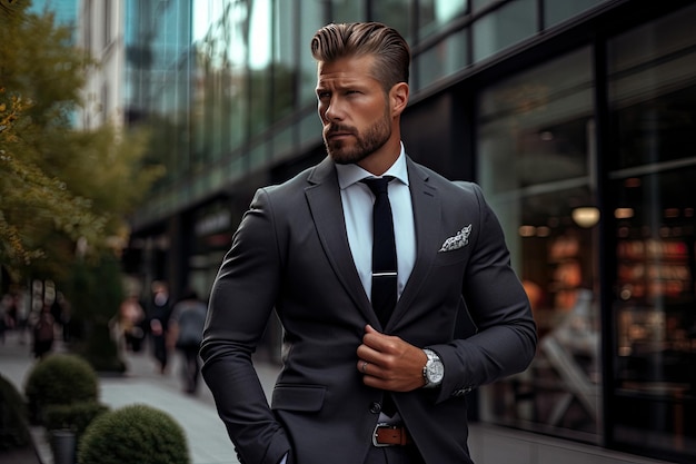 Empresário atlético vestindo terno afiado com um relógio estiloso na cidade urbana moderna