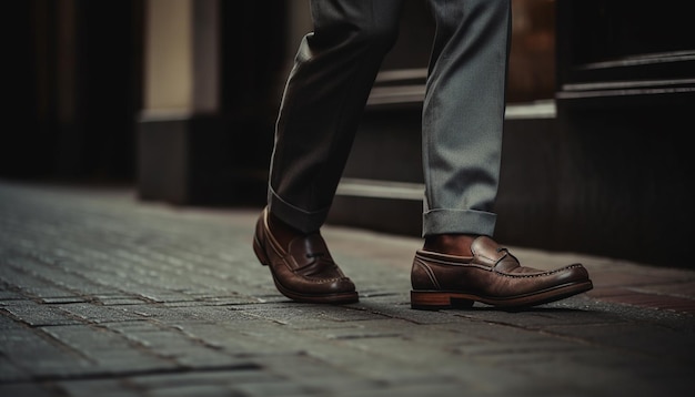 Empresário bem vestido andando com confiança na cidade usando sapatos elegantes gerados por inteligência artificial