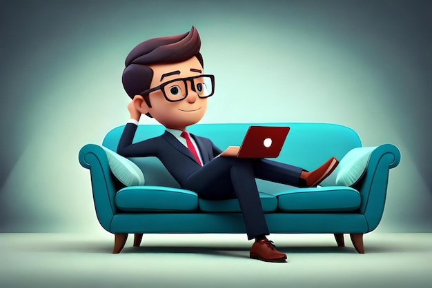 empresário bonitinho trabalhando com laptop no sofá e tendo uma ótima ideia personagem de desenho animado de ilustração 3d
