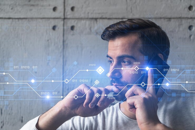 Empresário bonito em casual usa telefone falando questão internacional global Dupla exposição O conceito de negócios internacionais Holograma de tecnologia