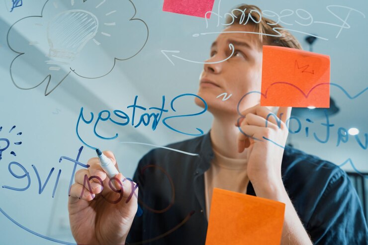 Foto empresário brainstorm ideia usando mapa mental e notas adesivas imaculado