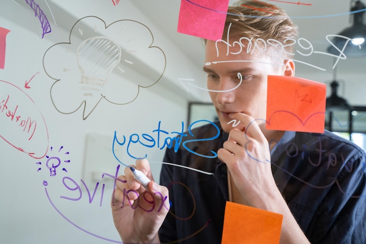 Foto empresário brainstorm ideia usando mapa mental e notas adesivas imaculado