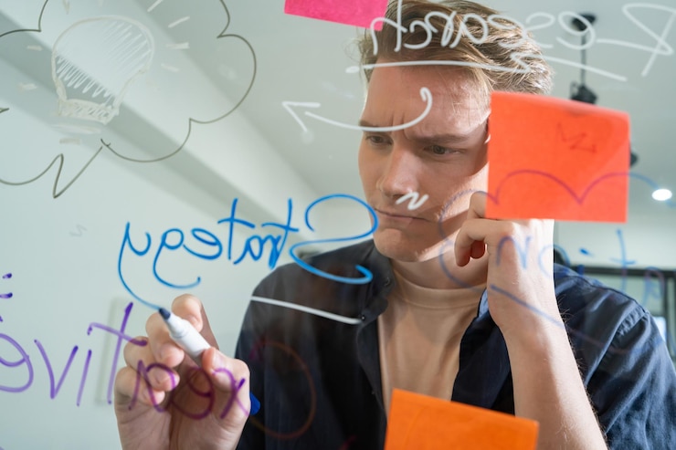 Foto empresário brainstorm ideia usando mapa mental e notas adesivas imaculado