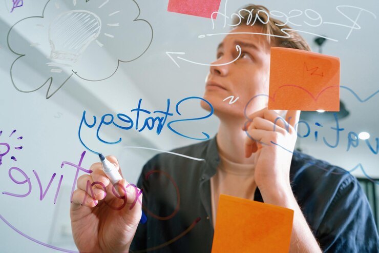 Foto empresário brainstorm ideia usando mapa mental e notas adesivas imaculado