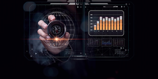 empresario con una brújula Mostrar conceptos de informes gráficos y gráficos estadísticas empresariales Análisis y