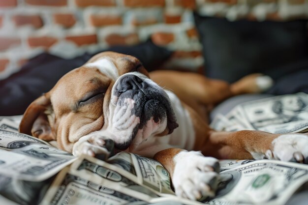 El empresario Bulldog durmiente descansando en pilas de dinero