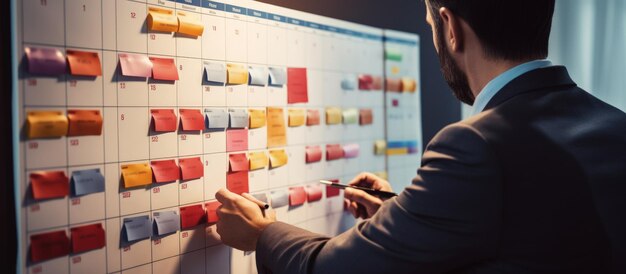 Foto empresario con calendario reunión horario tablero marcando plan de negocios en la oficina generar imagen de ia