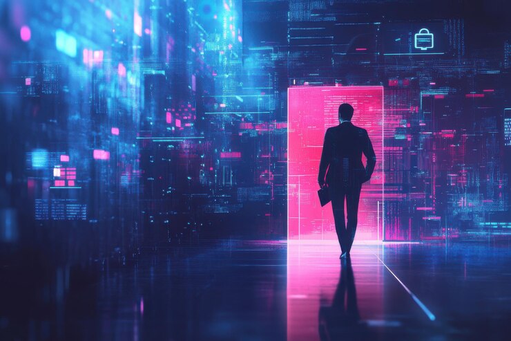Empresario caminando hacia el rectángulo brillante en el mundo digital