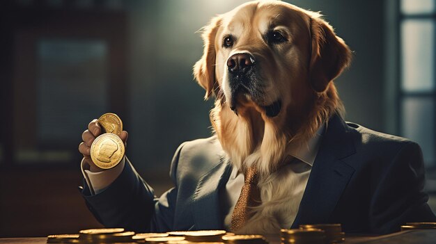 Foto empresário canino segurando uma moeda
