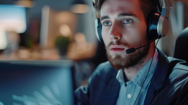 Empresario centrado en el telemarketing agente de telesales usar auriculares inalámbricos hacer videoconferencias hablar hablar consultar en línea