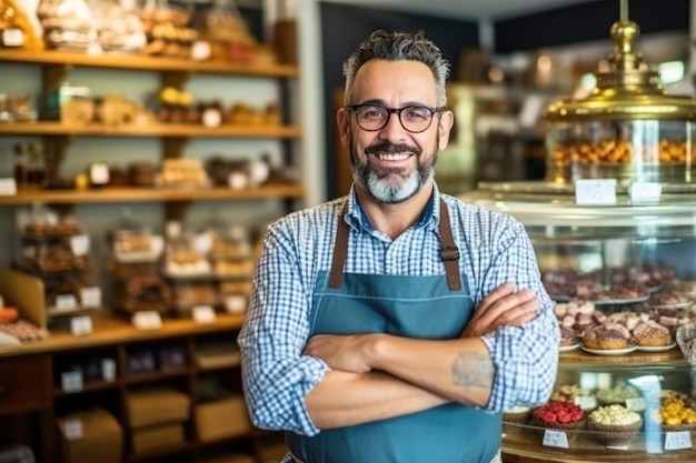 empresario chocolatero de pie en su tienda con los brazos cruzados mirando a la cámara AI