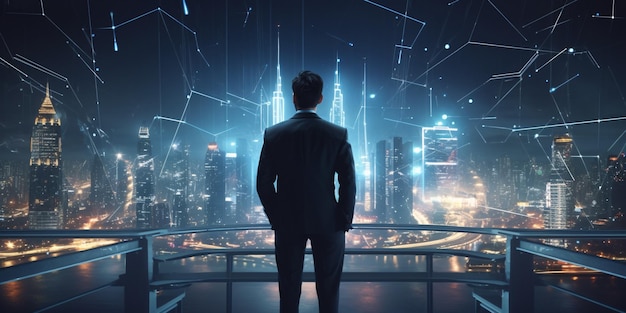Empresario en la ciudad de la red futurista que prospera en la era digital