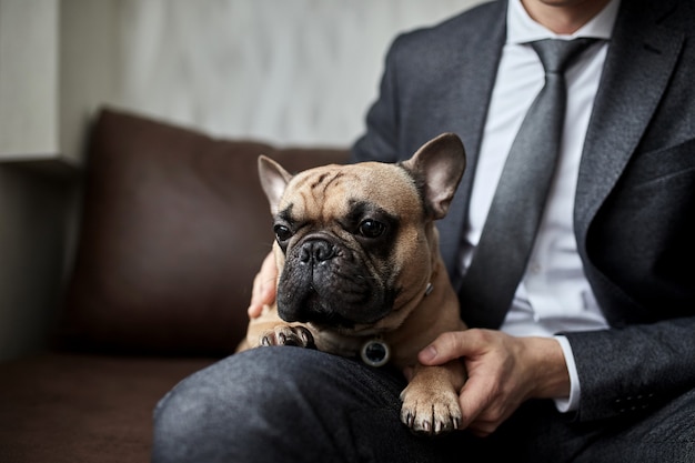 Foto empresário com cachorro em casa