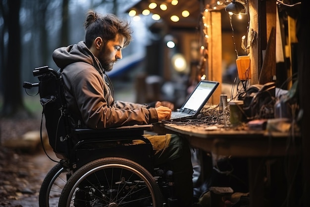 Foto empresário com deficiência trabalhando no laptop do lado de fora