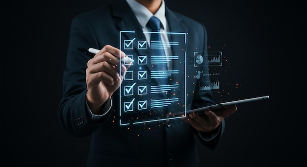 Empresario completando una lista de comprobación digital para la planificación y gestión de negocios