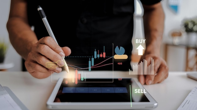 Empresario de concepto de inversión y finanzas con gráfico de comercio virtual