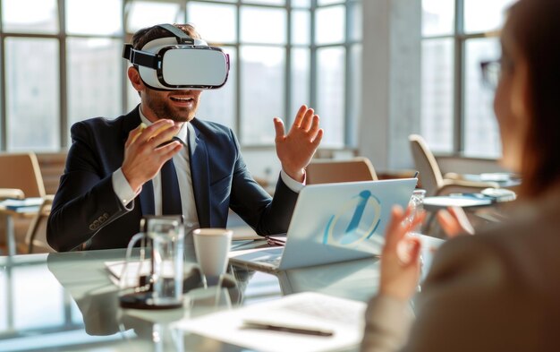 Foto empresário conduz reunião em óculos de vr