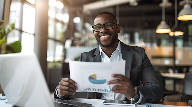 Empresario confiado analizando gráficos en un espacio de oficina moderno Un profesional en un traje elegante sonriendo mientras trabaja Estilo de vida corporativo y concepto de éxito IA