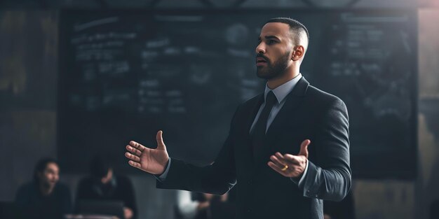 Empresario confiado dando una presentación en una habitación oscura orador motivacional en el escenario evento de capacitación corporativa profesional IA