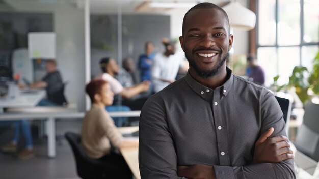 Empresario confiado en un entorno de oficina moderno sonriendo con un equipo en el fondo